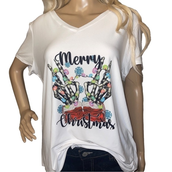 Merry Christmas White Skeleton Hands VNeck Tee - Picture 1 of 12